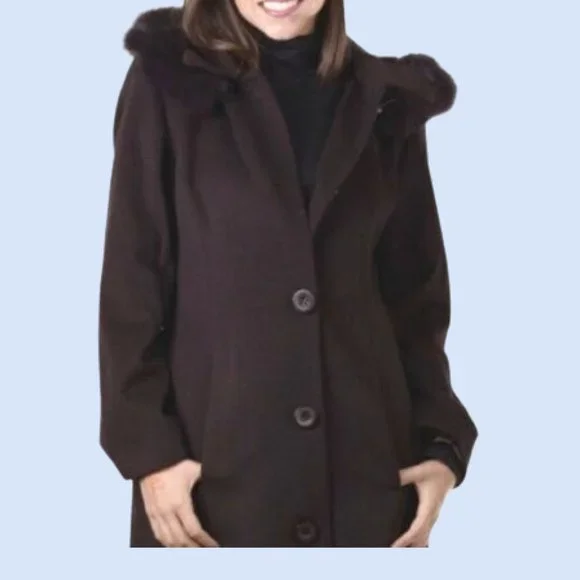 NWT ELLEN TRACY Wool Blend Coat Hooded w/Fox Fur 8 - Picture 1 of 5